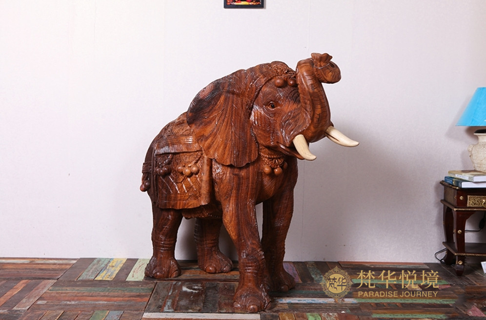 印度民族室内大堂客厅电视柜旁玄关地面创意仿真大型橡木精雕大象