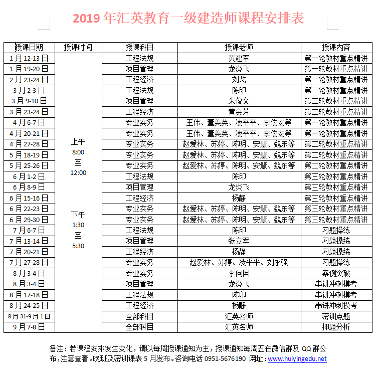 19年一级建造师课程表
