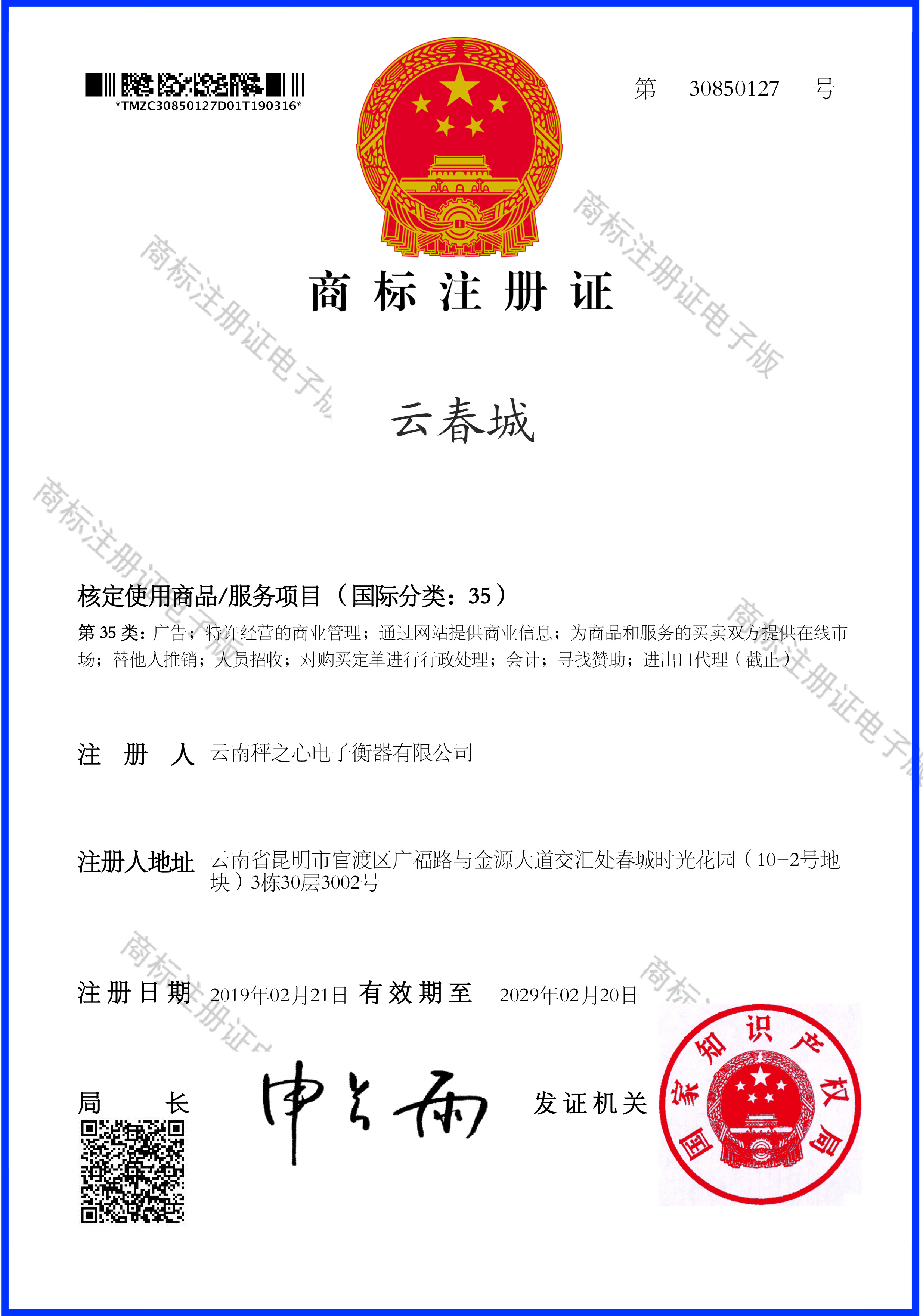 35类云春城电子版证书