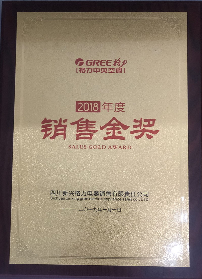 眉山泰锐暖通设备公司获格力中央空调（2018年度）销售金奖