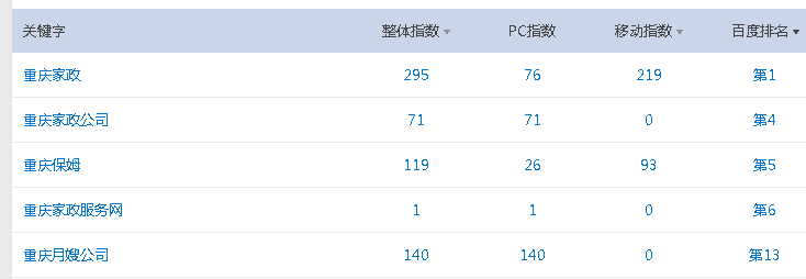 重慶家政公司網站seo積累5個月流量213