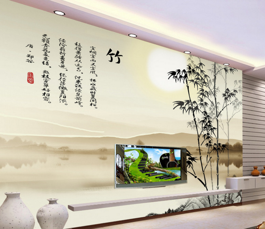 中式水墨竹子电视背景墙梅竹图