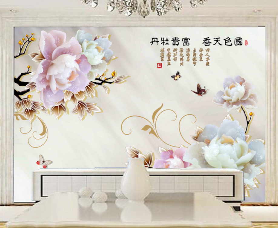 中式瓷玉国色天香电视背景墙