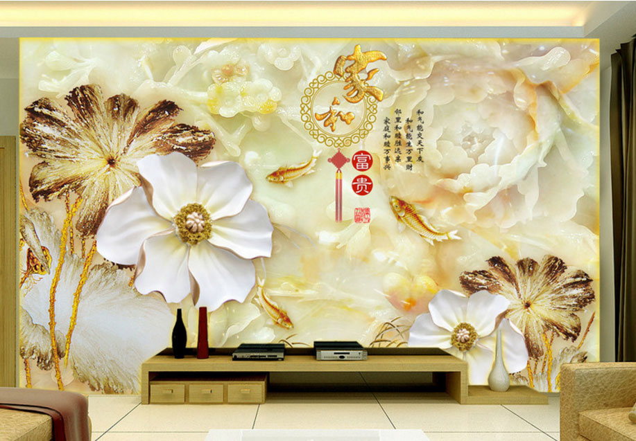 3D现代简约浮雕花朵藤福满堂电视背景墙