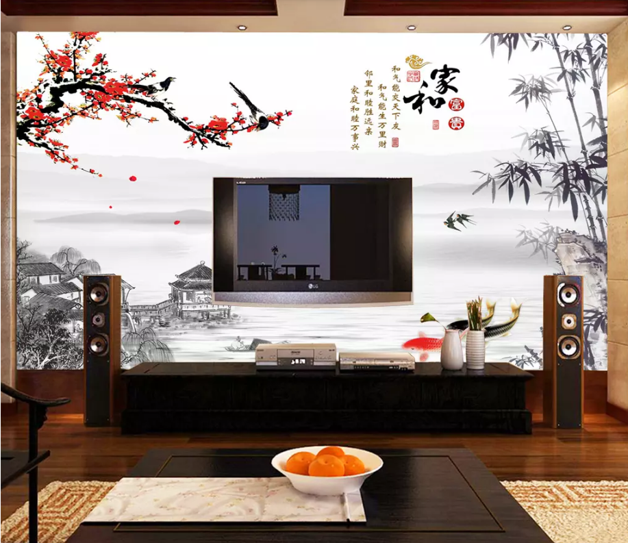中式红梅家和富贵电视背景墙