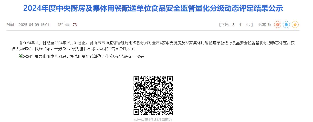 公司在2024年度中央厨房及集体用餐配送单位食品安全监督量化分级动态评定中获得优秀等级