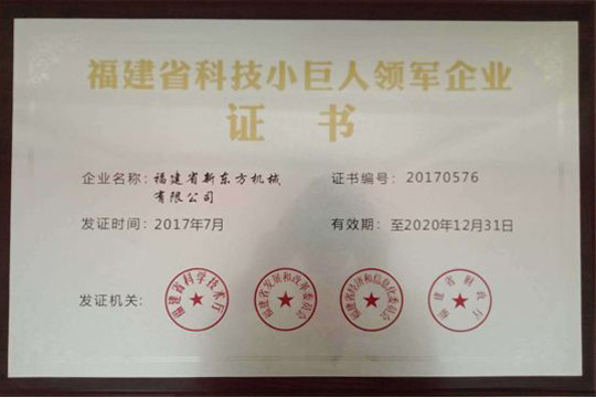 Fujian Province Technology Little Giant Leading Enterprise Certificate